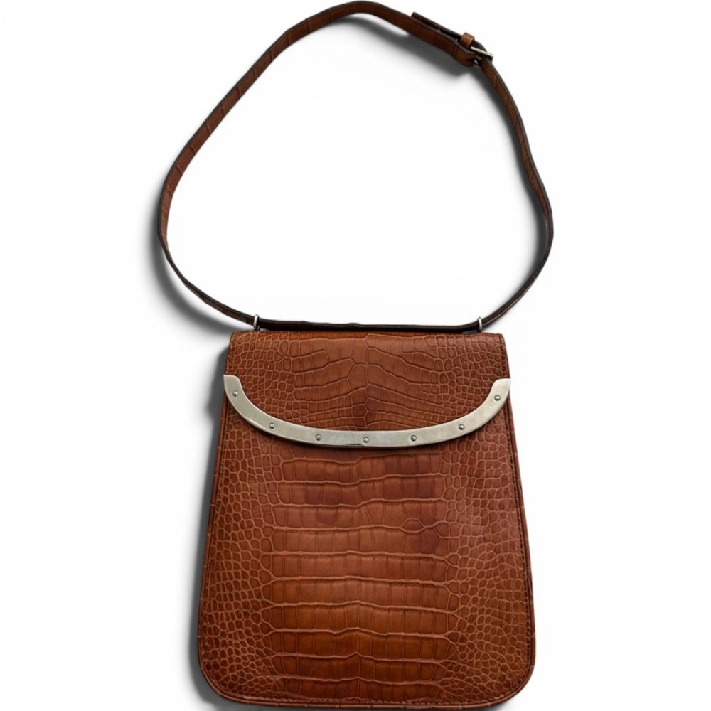 Vintage Ralph Lauren Flap Shoulder Bag Cognac Croc Embossed Italian Leather Rare